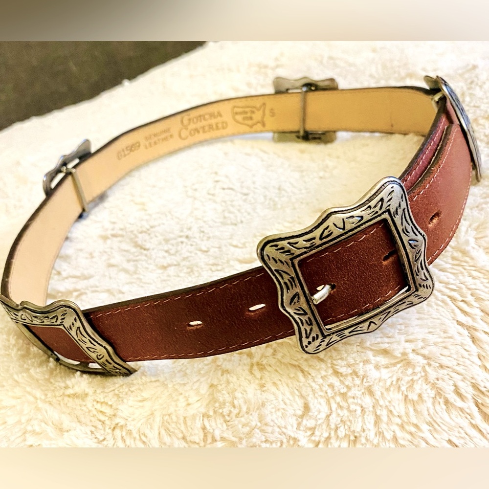 Leather Western-Style Women's Belt with Decorative Buckles - Brown